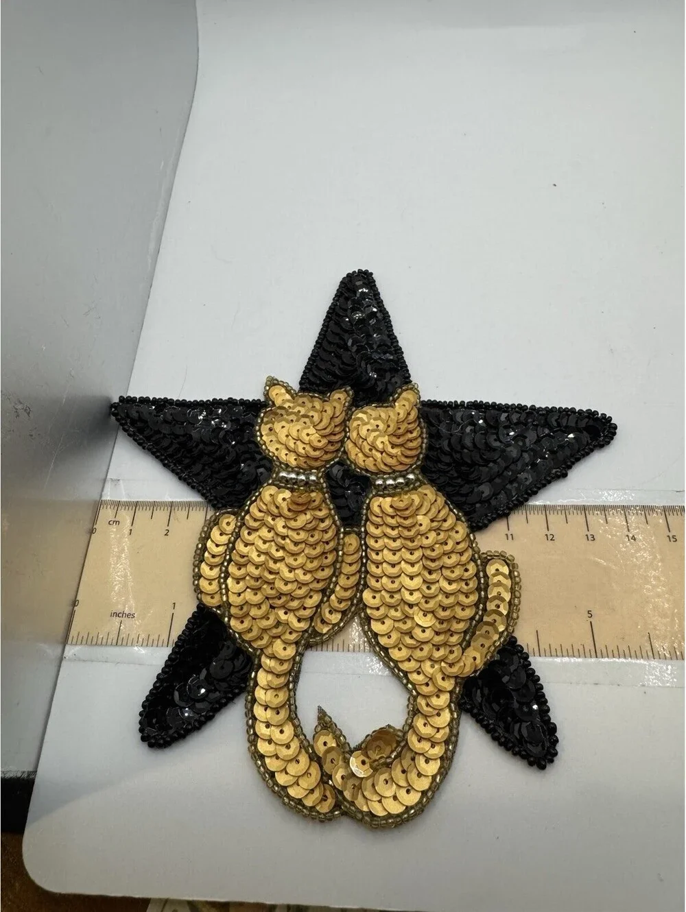 Sequined & Beaded Cats And Star Sew On Patch NOS Gold & Black